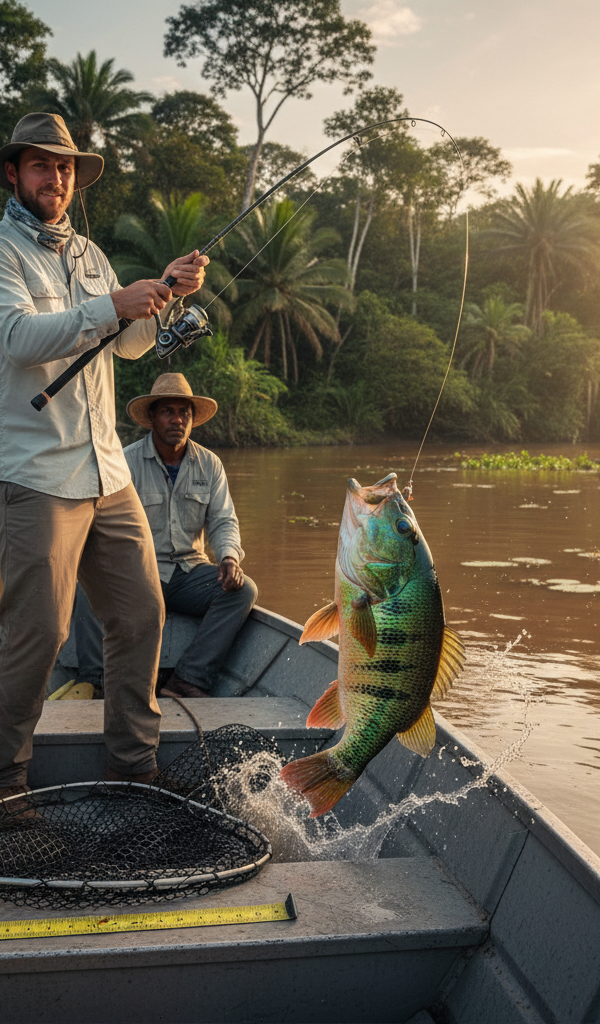 Vissen op de Amazone in Brazilië